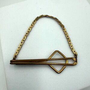 Vintage Swank Gold Tone Tie Clip Geometric Diamond Motif with Chain